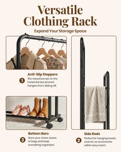 Miniatura 5 de Delamu Perchero de doble barra para colgar ropa con ruedas rodantes, ganchos, perchero de metal, perchero portátil con estantes para dormitorio