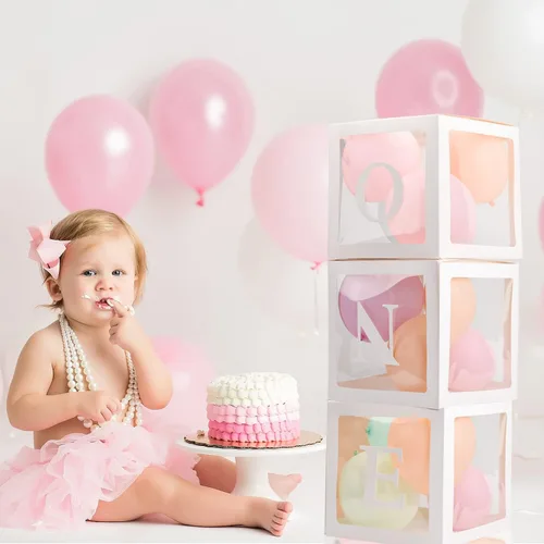 Miniatura 5 de Decoraciones de Primer Cumpleaños Para Niño o Niña, 3 Piezas Cajas de Globos ONE Para 1er Cumpleaños, Bloques Transparentes Para Bebé Decoración