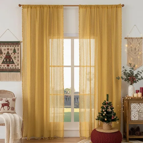 Miniatura 15 de WAZZIO Cortinas de Encaje, Cortina Boho de Crochet para Dormitorio, Cortinas de Café de Algodón, 45 Pulgadas de Largo, 2 Paneles con Bolsillo