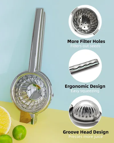 Miniatura 5 de Exprimidor de limón de acero inoxidable, cuenco exprimidor de metal sólido resistente, exprimidor manual grande de cítricos y exprimidor de lima