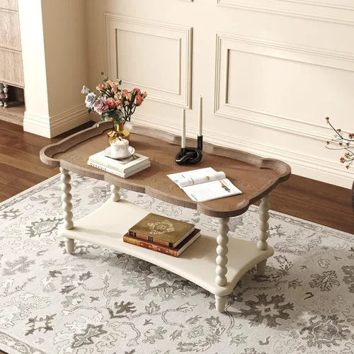 Miniatura 4 de Function Home - Mesa de centro de granja, mesa rústica blanca de estilo francés con estante de almacenamiento, mesas de centro de madera para sala