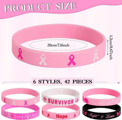 Miniatura 2 de JUNEBRUSHS 42 piezas de accesorios de concientización sobre el cáncer de mama, pulseras de silicona Esperanza Fe Fuerza Coraje, pulseras accesorios