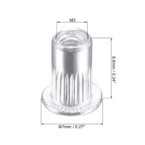 Miniatura 2 de uxcell Tuercas de remache M3 aleación de aluminio moleteado cabeza plana roscada tuerca de inserción plateada 50pcs