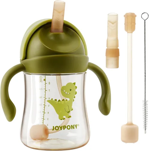 Joypony Vasos para sorber para niños pequeños de 1 a 3 años, vaso con popote con peso a prueba de derrames con asa para bebés de 6 meses en Verde/1