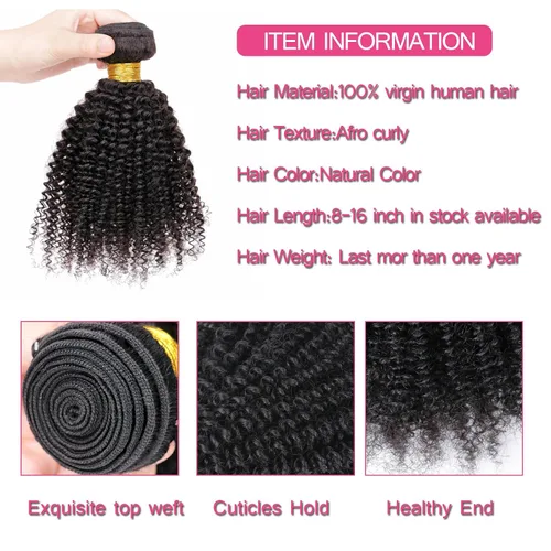 Miniatura 6 de Extensiones de cabello humano afro rizado 4B 4C Afro Kinky a granel de cabello humano virgen sin procesar para mujeres, negro natural, 8 pulgadas