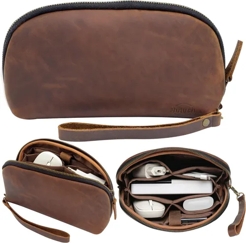 Bolso de cuero para tecnología con cables y cargadores | Bolso de tecnología | Bolso de accesorio de viaje con cremallera | Estuche organizador