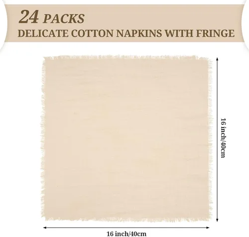 Miniatura 3 de 24 servilletas de tela hechas a mano con flecos beige, 16 x 16 pulgadas, delicadas servilletas de algodón rústico a granel para bodas, cenas, fiestas