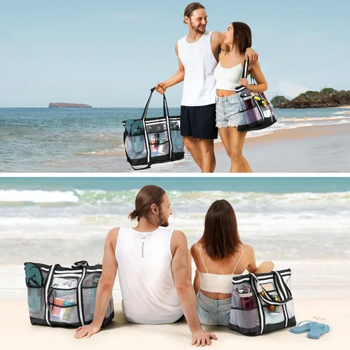 Miniatura 8 de Vulken - Bolsa de playa de malla extra grande de 42 litros. 9 bolsillos con cremallera superior