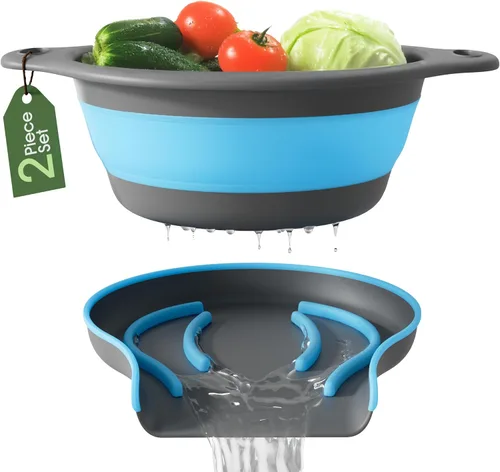 Miniatura 8 de Gevoli - Colador con base autodrenante (5QT) para sobre el fregadero, juego de colador plegable de cocina con base de drenaje lateral para pasta