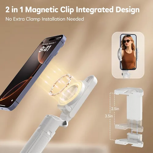 Miniatura 2 de Mini palo magnético para selfie para iPhone, trípode portátil 4 en 1 de tamaño de bolsillo para iPhone MagSafe/Android con control remoto/luces
