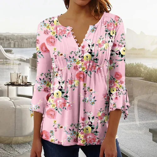 Miniatura 44 de Ceboyel Blusa tipo túnica con estampado floral para mujer, con botones, estilo Henley, con manga de codo, casual, trajes de moda para mujer