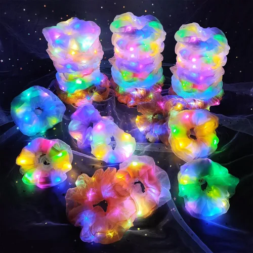 Miniatura 12 de Scrunchies LED, 18 piezas multicolor que brillan en la oscuridad suministros de fiesta, recuerdo de fiesta de neón, accesorios de festival rave