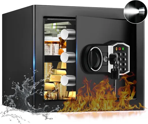 Caja fuerte ignífuga pequeña de 1.3 Cub para el hogar, caja de seguridad antirrobo a prueba de fuego con llaves de repuesto, teclado programable y