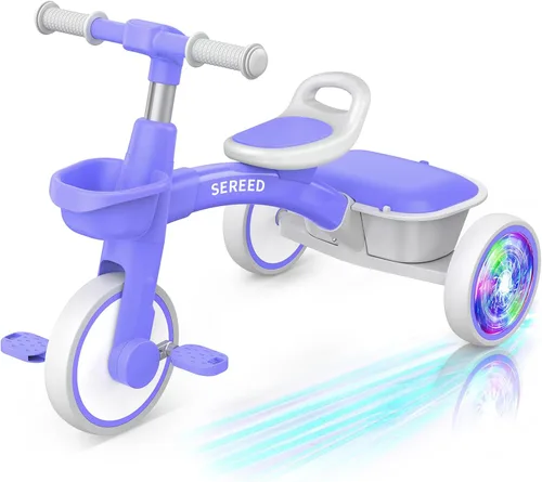 Miniatura 12 de SEREED Triciclo de iluminación colorida para niñas de 2 a 5 años, triciclo ajustable con asiento y manillar, cesta extraíble, idea de regalo de Rosa