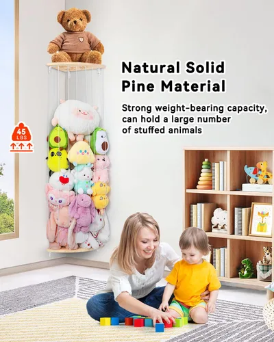 Miniatura 4 de Red de Almacenamiento de Animales de Peluche de Esquina - Organizador de Animales de Peluche de Madera de Altura Ajustable - Soporte de Felpa