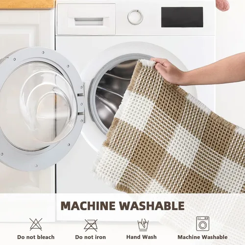 Miniatura 6 de Arenarug Tapete de baño de punto gofre a cuadros, súper absorbente, bohemio, antideslizante, lavable, ultra suave, con borlas, para suelo de baño