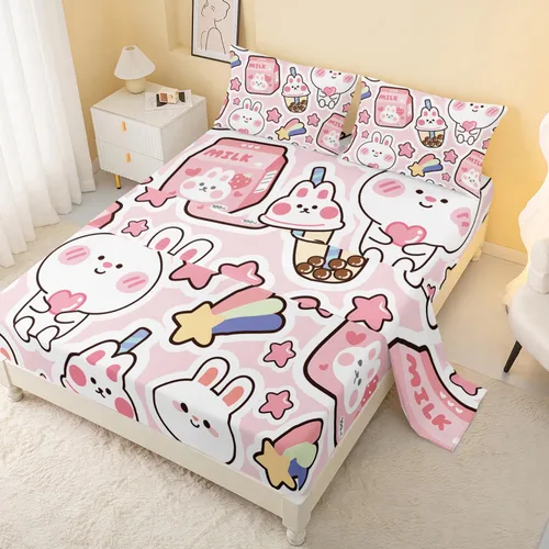 CVHouse Juego de sábanas Kawaii tamaño individual, juegos de ropa de cama Kawaii de conejo para niñas, niños y adolescentes, juegos de sábanas