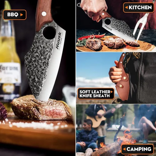 Miniatura 6 de Huusk Cuchillo de Carnicero Forjado a Mano - Cuchillo de Carnicero para Cortar Carne, Cuchillo Vikingo de Cocina Japonés con Funda, Cuchillos
