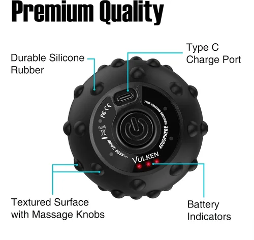 Miniatura 5 de Vulken Pelota de masaje vibrante de alta intensidad de 4 velocidades con carga USB para músculos y tejidos profundos, alivio del dolor de fascitis