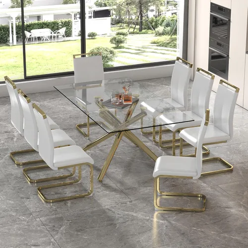 Miniatura 27 de Juego de 8 mesas de comedor de cristal, moderno juego de mesa de comedor de 71 pulgadas con 8 sillas de comedor tapizadas de piel sintética