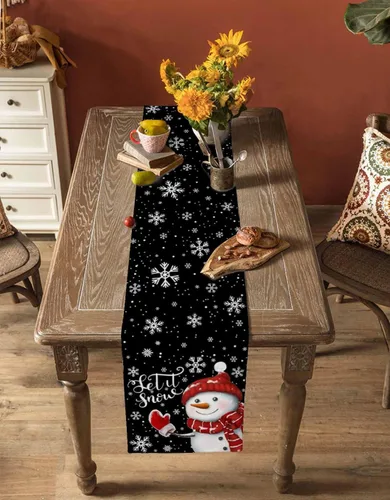 Miniatura 5 de Camino de mesa de muñeco de nieve de Navidad negro – Lino de algodón de 36 pulgadas de largo, bufandas de vestido de Navidad con copo de nieve
