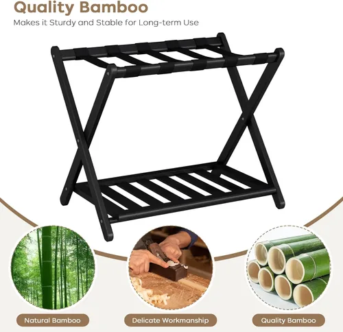 Miniatura 3 de oakvivo Portaequipajes negro totalmente montado para habitación de invitados, soporte plegable de bambú para maleta con 5 correas de nailon, soporte