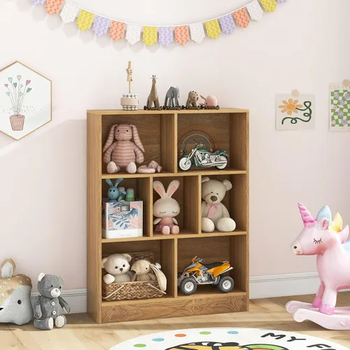 Miniatura 8 de Costzon 7-Cube Bookshelf for Kids, Wooden Toy Storage Organizer w/ 2 Anti-Toppling Kits, 3 Tier Open Shelves & Non-Slip Foot Pads, Montessori Toy