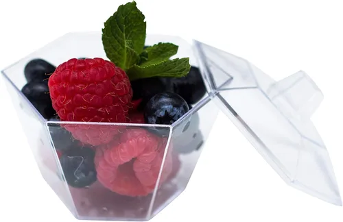 Miniatura 7 de Oasis Creations Mini tapas y cucharas hexagonales incluidas, 3.3 onzas, 40 unidades, plástico transparente, seis caras, taza de flores, taza