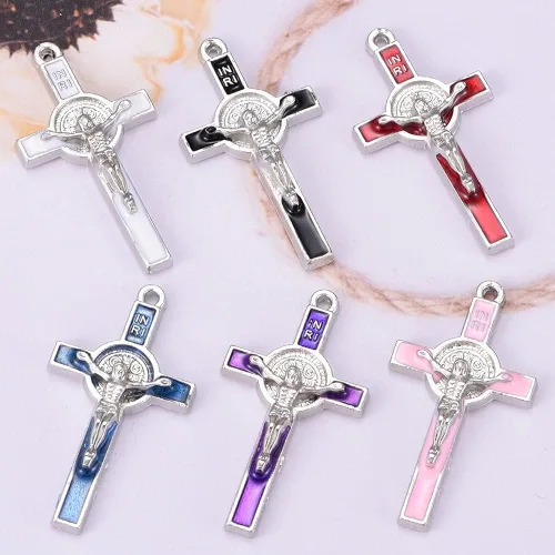 Miniatura 3 de Colgante de cruz esmaltada chapada en plata mixta para hacer joyas, collares, accesorios de joyería DIY, 0.827 in x 1.555 in (A625)