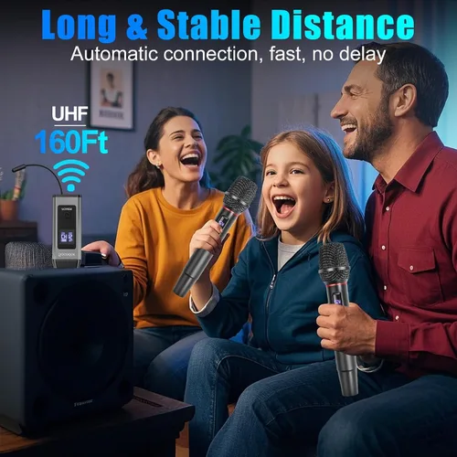 Miniatura 6 de Sistema de micrófono inalámbrico UHF dual, 2 paquetes - Micrófonos de metal con receptor recargable, audio sin interferencias de 15 canales, Plug &