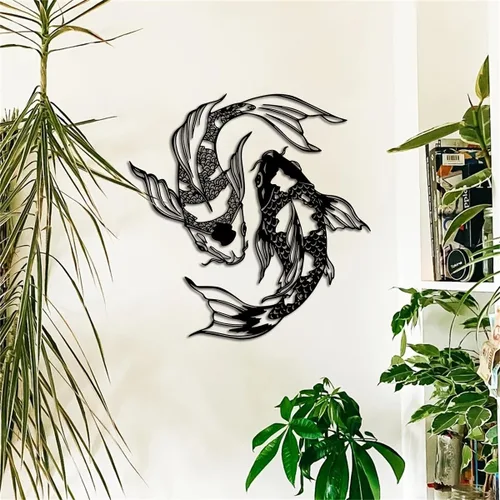 Miniatura 2 de YBLCOZYC 2 piezas de arte de pared de pez koi, escultura de pescado de Feng Shui de metal, adorno colgante para interiores y exteriores, con regalo