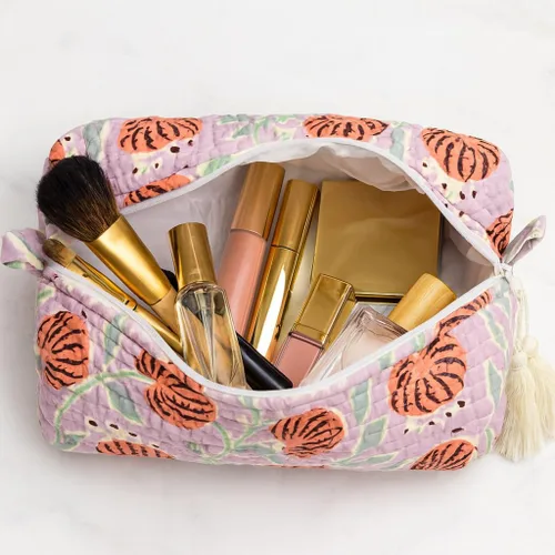 Miniatura 5 de Bolsa de maquillaje hecha a mano con estampado de bloques y bolsa de aseo – Estuche de viaje cosmético artesanal de algodón hecho a mano, Granada