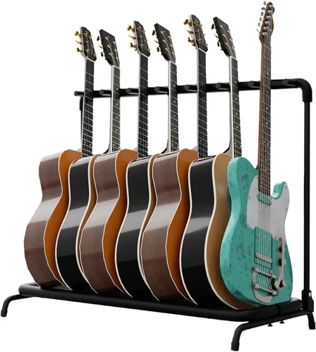 Flexzion Estante de guitarra para múltiples guitarras - Soporte de metal para múltiples guitarras, organizador plegable de 7 guitarras con