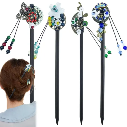 4 unidades de palillos chinos japoneses retro de madera horquilla mariposa flor palillos vintage Hanfu horquillas tocado clásico tenedor para