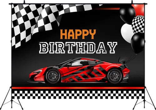 Miniatura 3 de Telón de fondo de feliz cumpleaños para fotografía de auto de carreras de 7 x 5 pies, color rojo fresco, fondo de fotos de auto, banderas, fondos