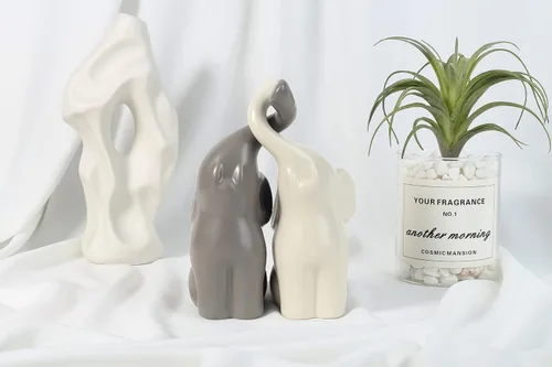 Miniatura 2 de LAIDANLA Elefantes beige y grises, moderno juego de esculturas de cerámica amoroso, figura de elefante de 6.3 pulgadas para decoración de regalos