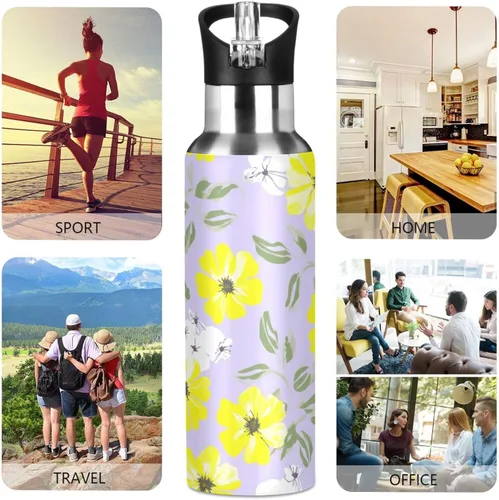 Miniatura 5 de White Yellow Flowers Violet Stainless Steel Water Bottle 32 Oz Leakproof Water Bottles, BPA-Free Sports Water Bottle with Straw
