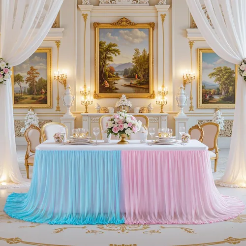 Miniatura 4 de Falda de mesa de revelación de género, falda tutú de tul rosa y azul de 6 pies para revelación de género para niños o niñas, fiesta de cumpleaños