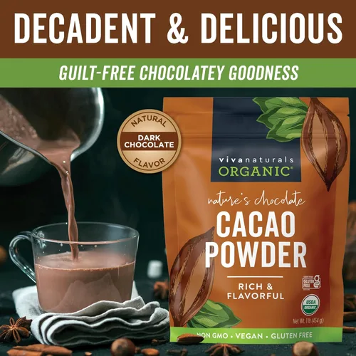 Miniatura 4 de Viva Naturals Cacao en polvo orgánico, 1 libra, cacao en polvo sin azúcar con rico sabor a chocolate negro, perfecto para hornear y batidos, sin
