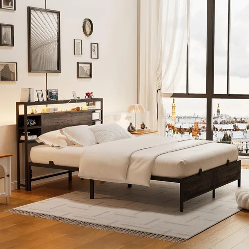 Miniatura 2 de Unikito Base de cama de tamaño individual con estación de carga y luz LED RGB, plataforma resistente con cabecera de almacenamiento, listones