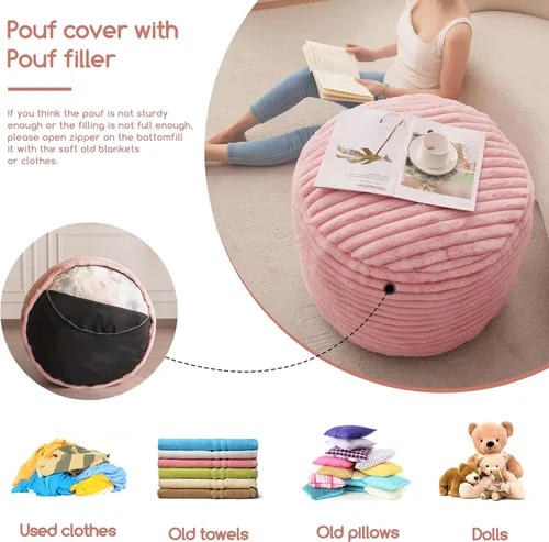 Miniatura 6 de HIGOGOGO Puf redondo de relleno, pufs de piel sintética a rayas con relleno de trozos de espuma, puf peludo y esponjoso, otomano de almacenamiento