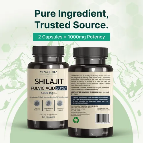 Miniatura 8 de VINATURA Shilajit para hombres y mujeres - 1000 mg cápsulas puras de Shilajit del Himalaya, estandarizadas al 50% de ácido fúlvico - 60 cápsulas