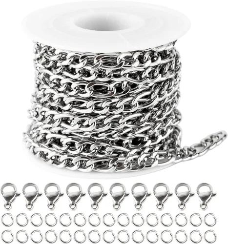 Miniatura 10 de YOUBEIYEE Cadena de acero inoxidable de 16.4 pies para hacer joyas, cadenas chapadas en oro con clip en relieve, a granel con anillos de salto