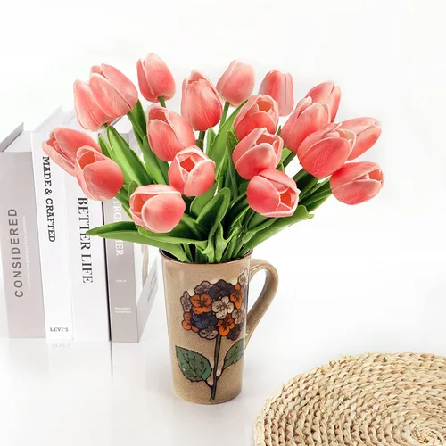 Miniatura 4 de KOILLUXU Flores artificiales, 30 ramos de tulipanes de tacto real de 14 pulgadas de alto, tulipanes falsos de poliuretano rosa melocotón