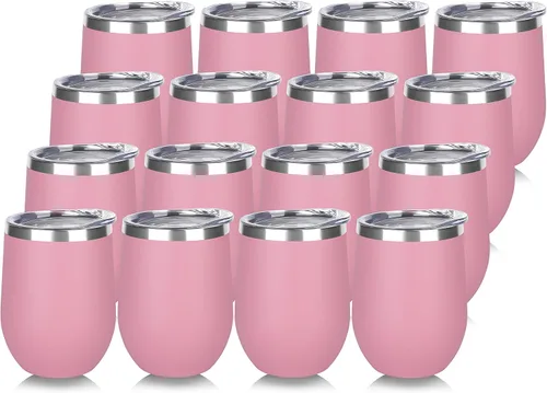 DOMICARE - Juego de 16 vasos de vino de 12 onzas con tapa, hechos de acero inoxidable con aislamiento al vacío de doble pared, color rosado