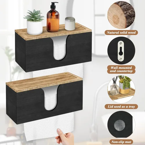Miniatura 4 de Paquete de 2 dispensadores de toallas de papel de madera maciza montados en la pared, soporte de toalla de papel plegado con tapa, plegable en C