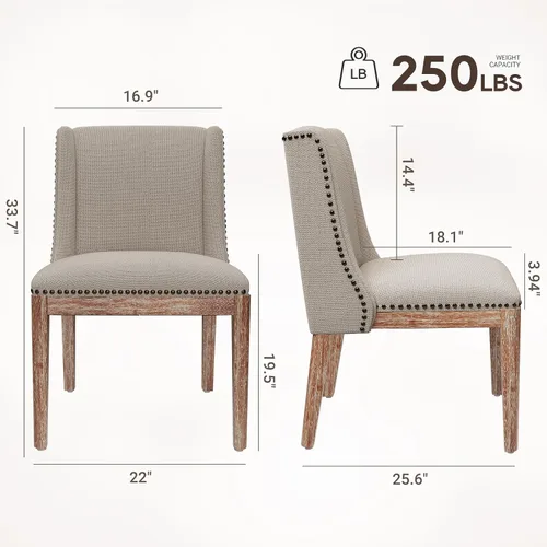 Miniatura 2 de MALOL Juego de 2 sillas de comedor, sillas laterales de cocina tapizadas de tela con patas de madera para uso en cocina y restaurante, color beige