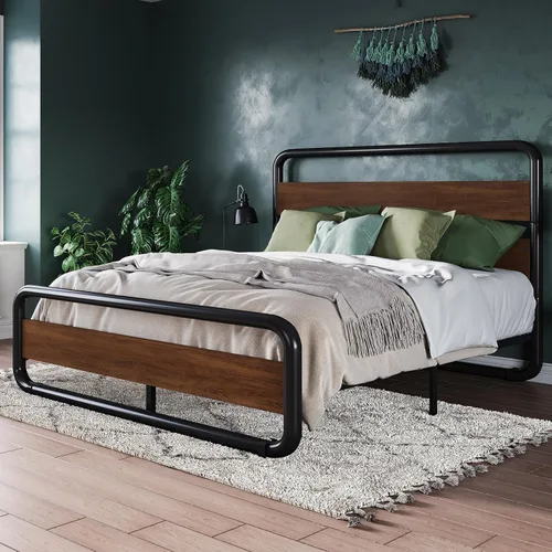 Miniatura 3 de Allewie Base de cama de metal tamaño Queen con cabecero y estribo de madera curvos, plataforma de hierro resistente con almacenamiento debajo