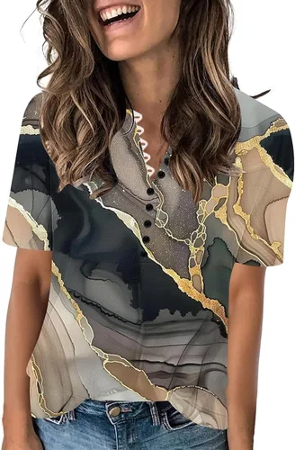 Miniatura 21 de Summer Shirts for Women 2025 Plus Size Short Sleeve Henley Tops Marble Floral Loose Tshirt Tee Casual Dressy Tunics