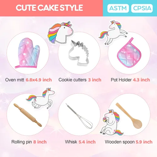 Miniatura 4 de Vanmor Juego de cocina y hornear de unicornio para niños, 11 delantales para niñas, sombrero de chef y delantal rosa, guante y utensilio